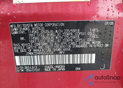 2009 Toyota Rav4 Sport V6 z USA, uszkodzony, nr VIN JTMBK32V895072724